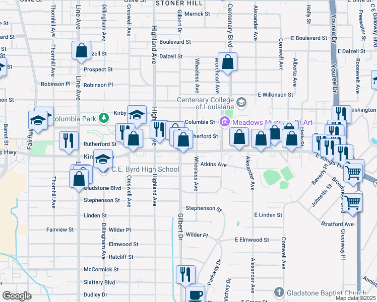 map of restaurants, bars, coffee shops, grocery stores, and more near 319 Rutherford Street in Shreveport