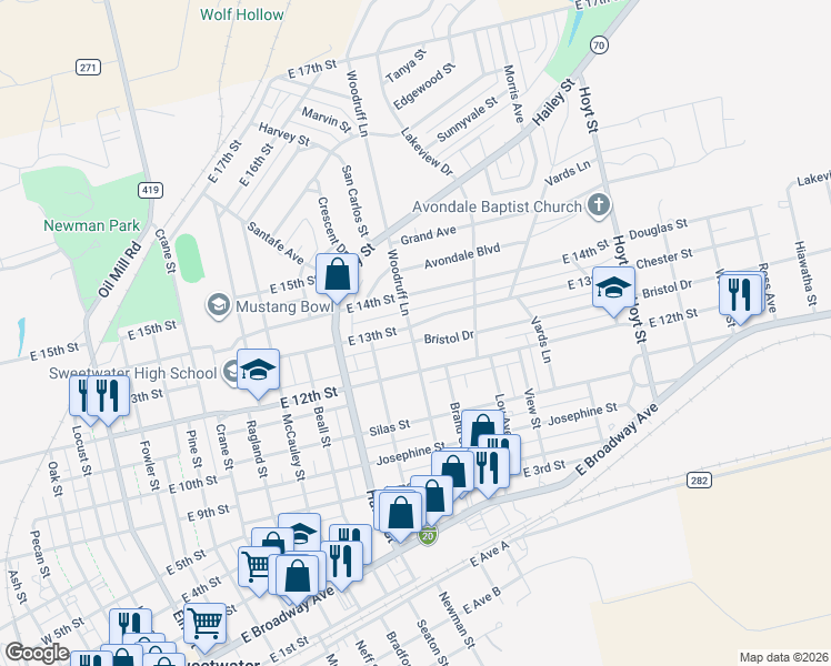 map of restaurants, bars, coffee shops, grocery stores, and more near 1201 East 13th Street in Sweetwater
