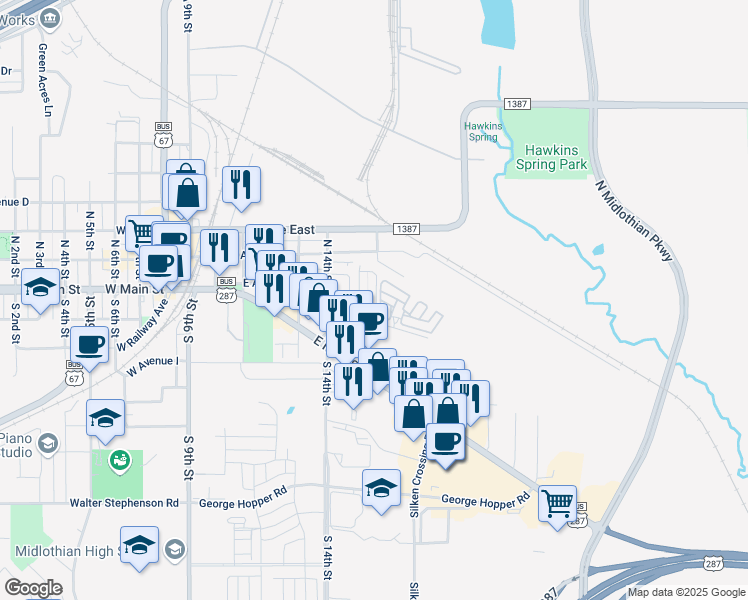 map of restaurants, bars, coffee shops, grocery stores, and more near 142 East Maple Ridge Court in Midlothian