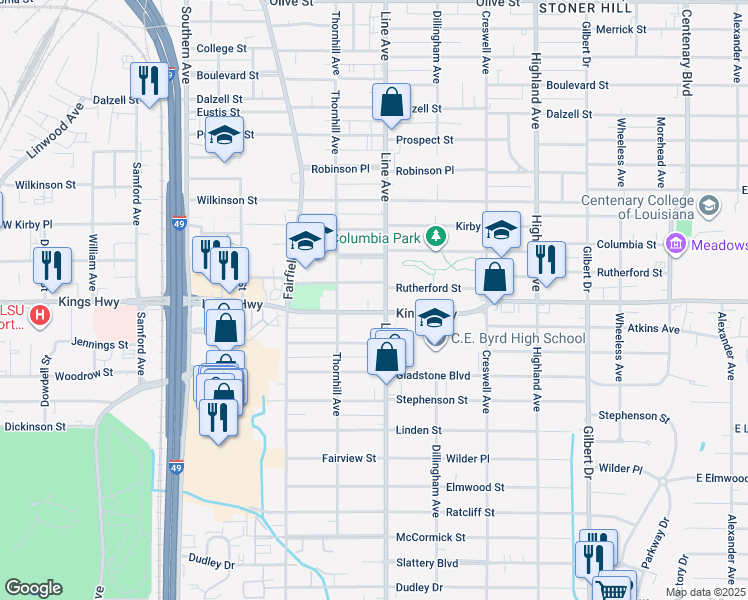 map of restaurants, bars, coffee shops, grocery stores, and more near 806 Kings Highway in Shreveport