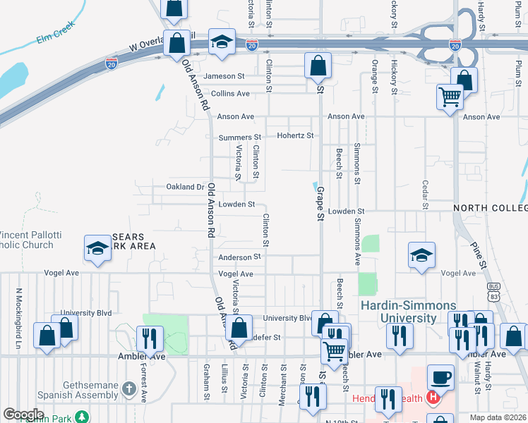map of restaurants, bars, coffee shops, grocery stores, and more near 2666 Clinton Street in Abilene
