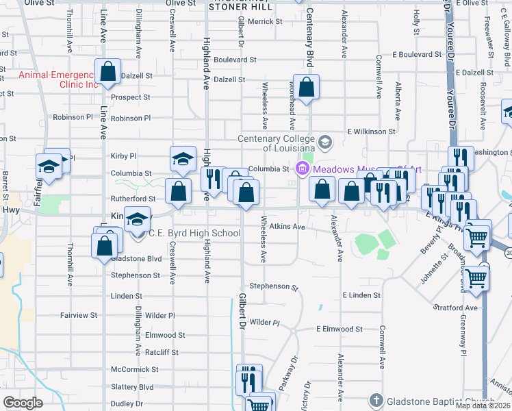 map of restaurants, bars, coffee shops, grocery stores, and more near 319 Rutherford Street in Shreveport