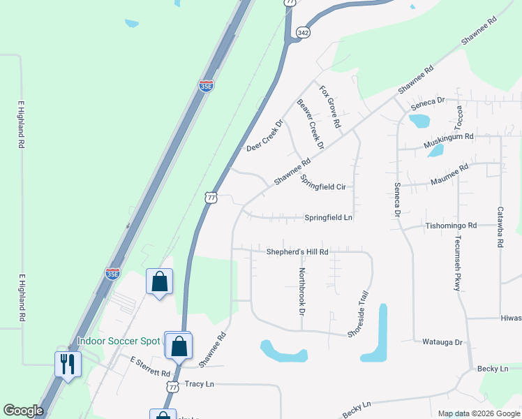 map of restaurants, bars, coffee shops, grocery stores, and more near 1413 Shawnee Road in Waxahachie
