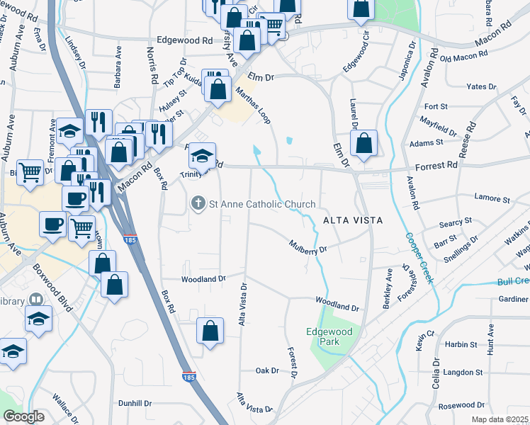 map of restaurants, bars, coffee shops, grocery stores, and more near 13 Kingswood Court in Columbus