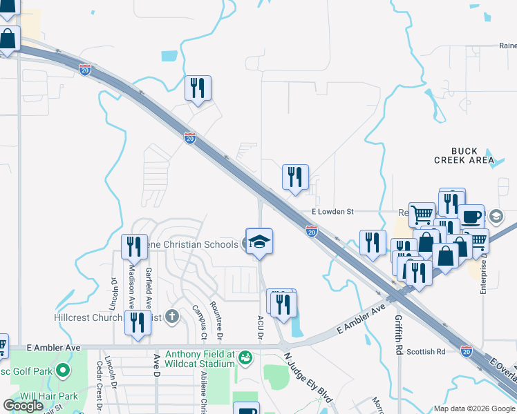 map of restaurants, bars, coffee shops, grocery stores, and more near 8 I- 20 Srv Road in Abilene