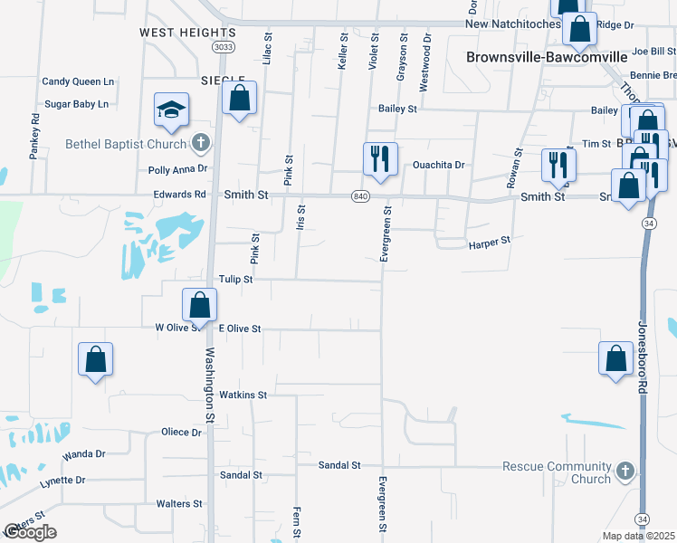 map of restaurants, bars, coffee shops, grocery stores, and more near 614 Tulip St in West Monroe