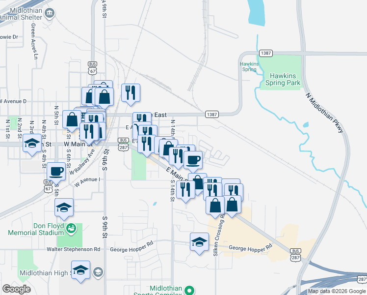 map of restaurants, bars, coffee shops, grocery stores, and more near 721 East Ridge Drive in Midlothian