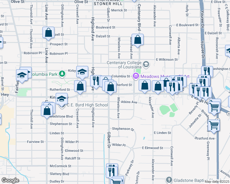 map of restaurants, bars, coffee shops, grocery stores, and more near 319 Rutherford Street in Shreveport