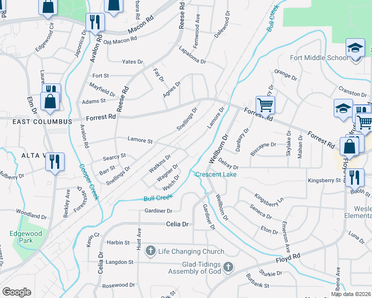 map of restaurants, bars, coffee shops, grocery stores, and more near 2105 Lamore Drive in Columbus