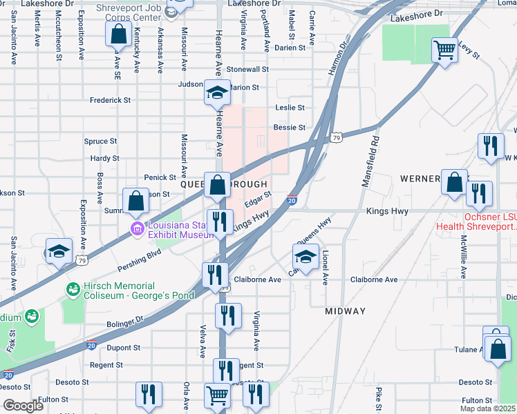 map of restaurants, bars, coffee shops, grocery stores, and more near 3301-3399 Albert L Bicknell Dr in Shreveport