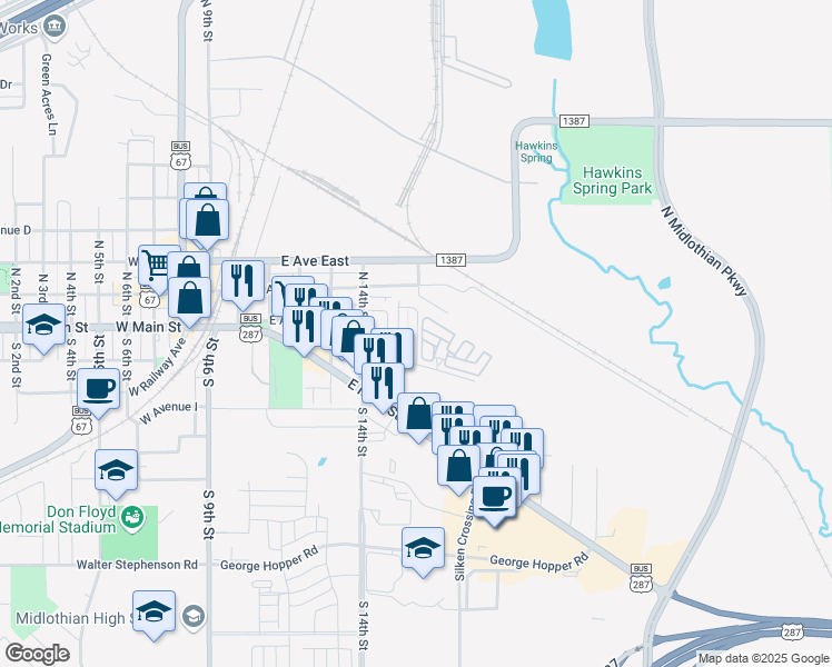 map of restaurants, bars, coffee shops, grocery stores, and more near 142 East Maple Ridge Court in Midlothian