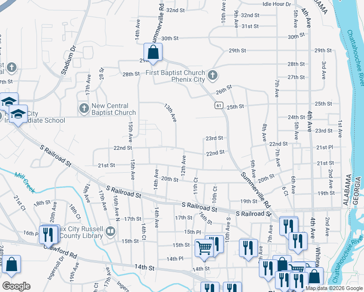 map of restaurants, bars, coffee shops, grocery stores, and more near 1204 22nd Street in Phenix City