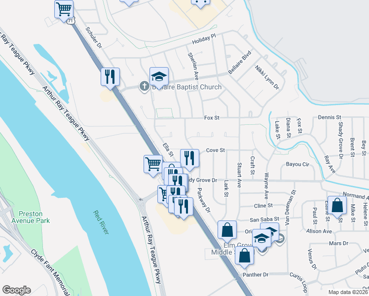map of restaurants, bars, coffee shops, grocery stores, and more near 3916 Parkway Drive in Bossier City