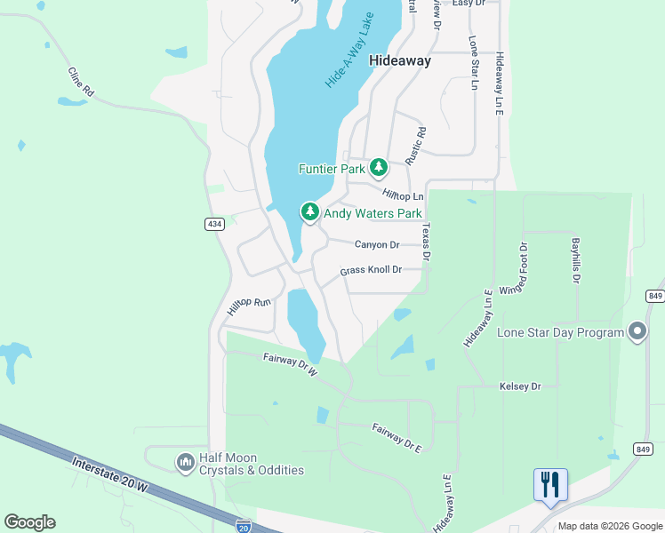 map of restaurants, bars, coffee shops, grocery stores, and more near 105 Grass Knoll Drive in Hideaway