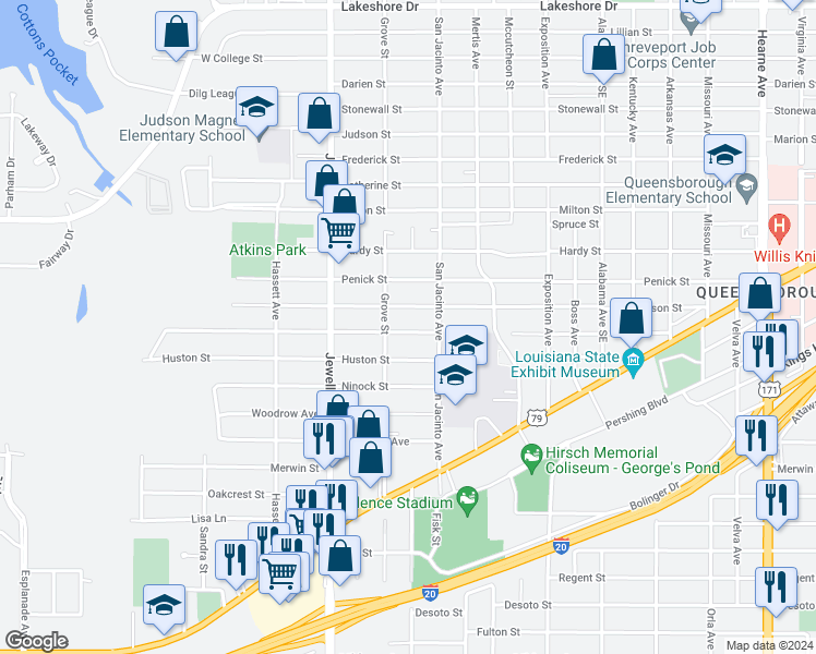 map of restaurants, bars, coffee shops, grocery stores, and more near 3532 Sumner Street in Shreveport