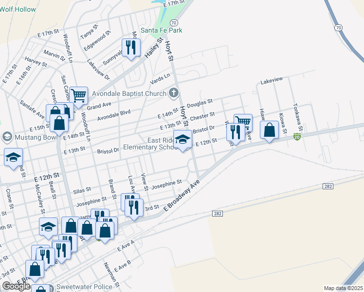 map of restaurants, bars, coffee shops, grocery stores, and more near 1700 East 12th Street in Sweetwater