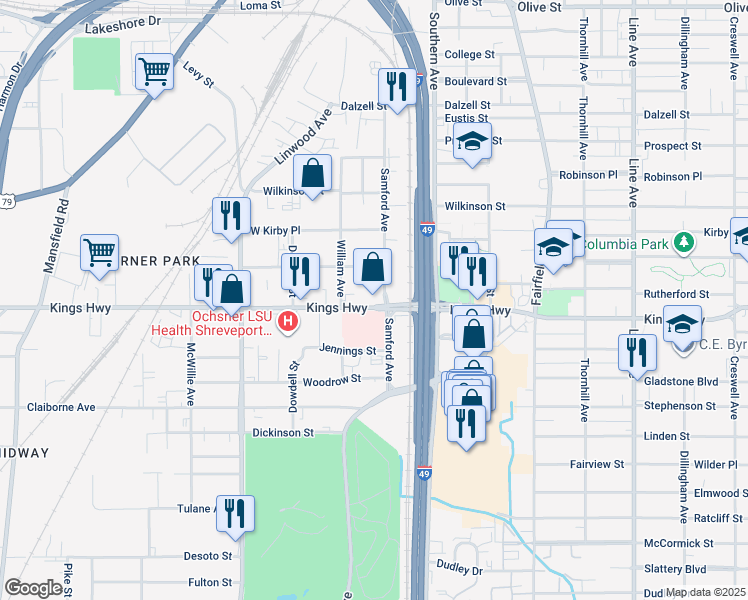 map of restaurants, bars, coffee shops, grocery stores, and more near 1304 Kings Highway in Shreveport