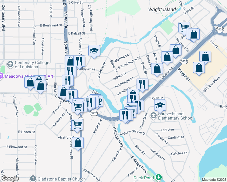 map of restaurants, bars, coffee shops, grocery stores, and more near 719 Kimbrough Street in Shreveport