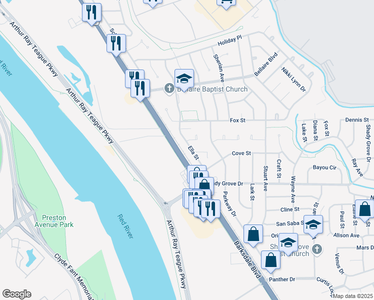 map of restaurants, bars, coffee shops, grocery stores, and more near 1200 Ella Circle in Bossier City