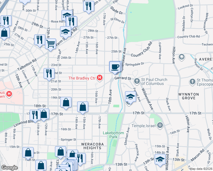 map of restaurants, bars, coffee shops, grocery stores, and more near 1704 Garrard Street in Columbus