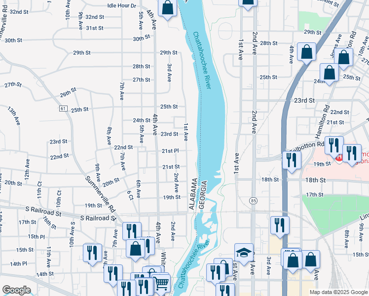 map of restaurants, bars, coffee shops, grocery stores, and more near 2202 1st Avenue in Phenix City