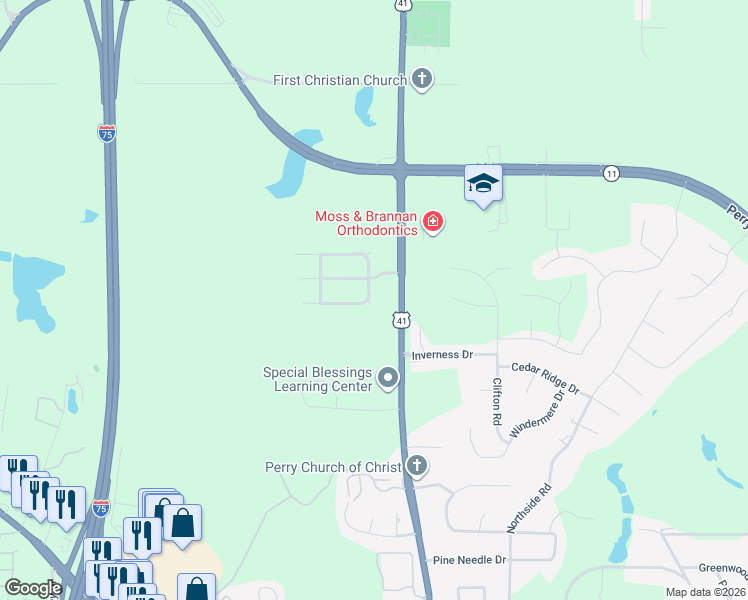 map of restaurants, bars, coffee shops, grocery stores, and more near 201 Longbridge Way in Perry