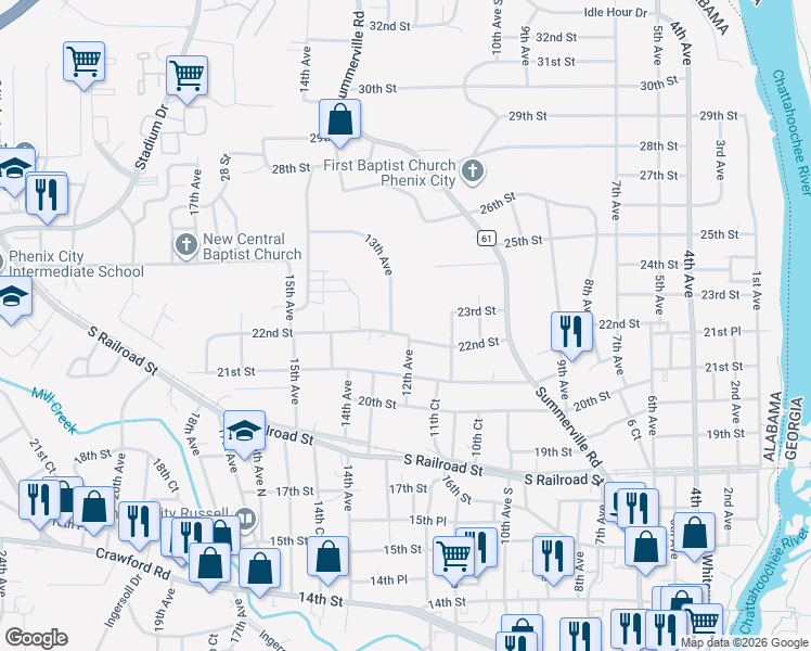 map of restaurants, bars, coffee shops, grocery stores, and more near 1204 22nd Street in Phenix City
