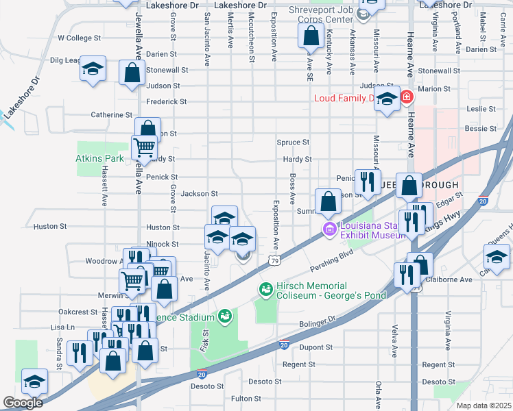 map of restaurants, bars, coffee shops, grocery stores, and more near 3249 Jackson Street in Shreveport