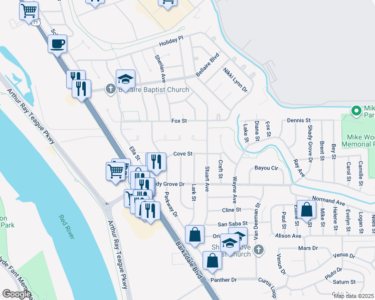 map of restaurants, bars, coffee shops, grocery stores, and more near 1314 Parkway Circle in Bossier City