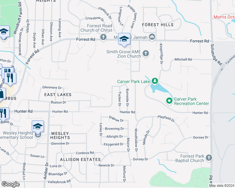 map of restaurants, bars, coffee shops, grocery stores, and more near 2313 Tucker Drive in Columbus