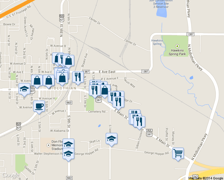 map of restaurants, bars, coffee shops, grocery stores, and more near 721 East Ridge Drive in Midlothian