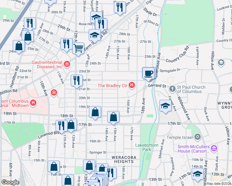 map of restaurants, bars, coffee shops, grocery stores, and more near 1438 21st Street in Columbus