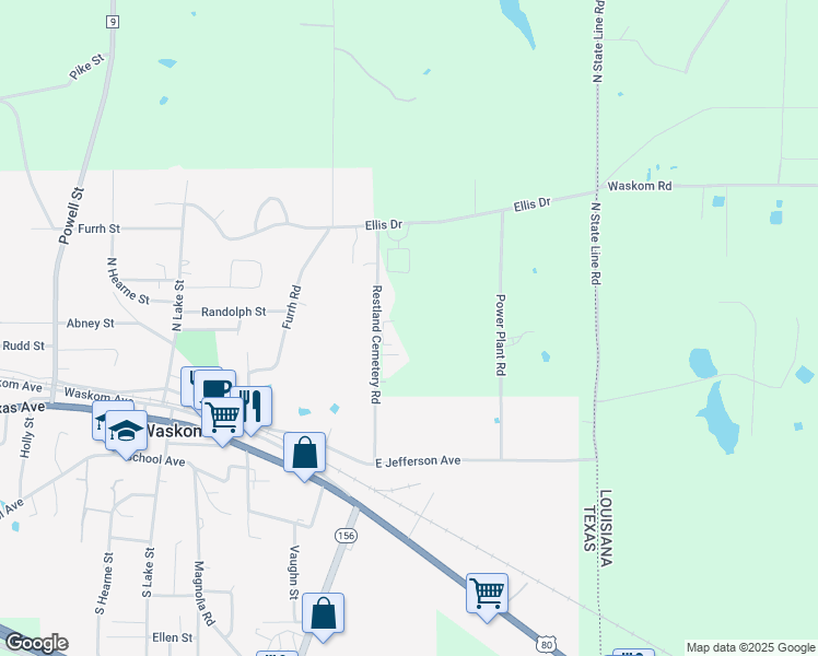 map of restaurants, bars, coffee shops, grocery stores, and more near 400 Restland Cemetery Road in Waskom