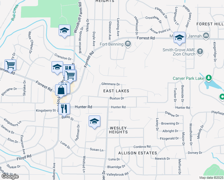 map of restaurants, bars, coffee shops, grocery stores, and more near 2227 Barnes Drive in Columbus