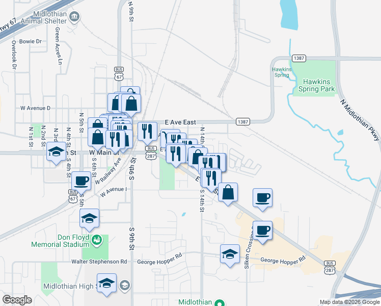 map of restaurants, bars, coffee shops, grocery stores, and more near 502 East Avenue G in Midlothian