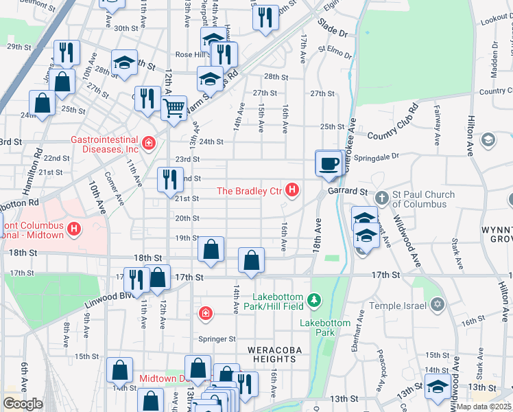 map of restaurants, bars, coffee shops, grocery stores, and more near 1438 21st Street in Columbus