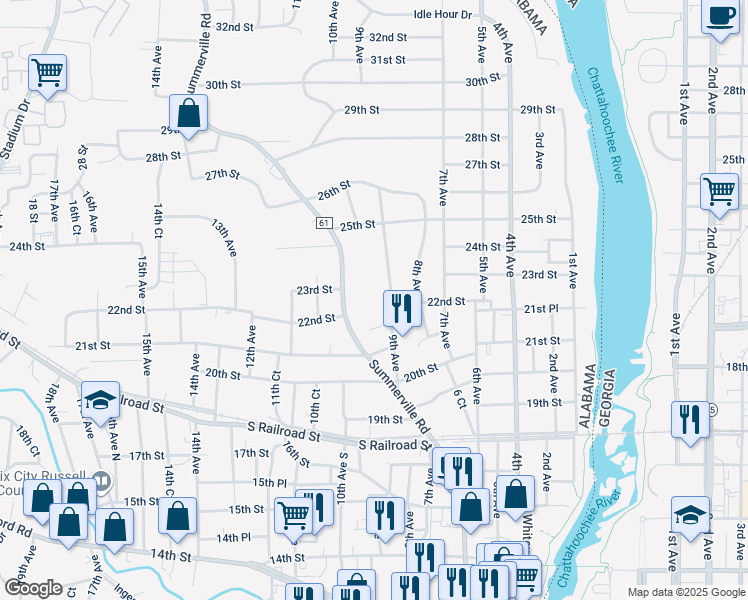 map of restaurants, bars, coffee shops, grocery stores, and more near 900 22nd Street in Phenix City