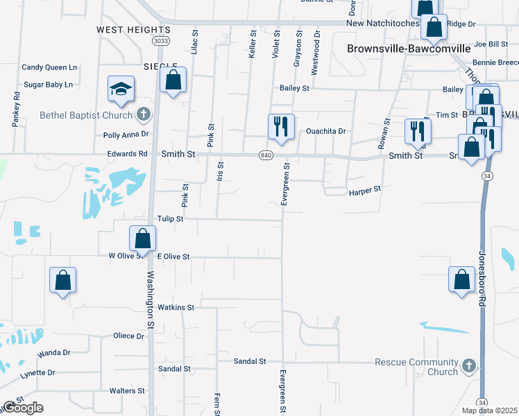 map of restaurants, bars, coffee shops, grocery stores, and more near 614 Tulip St in West Monroe