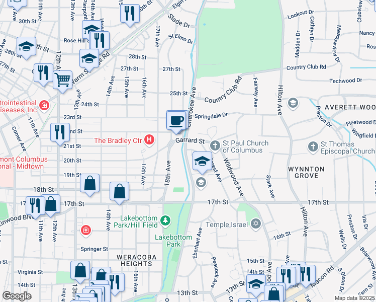 map of restaurants, bars, coffee shops, grocery stores, and more near 2104 Cherokee Avenue in Columbus