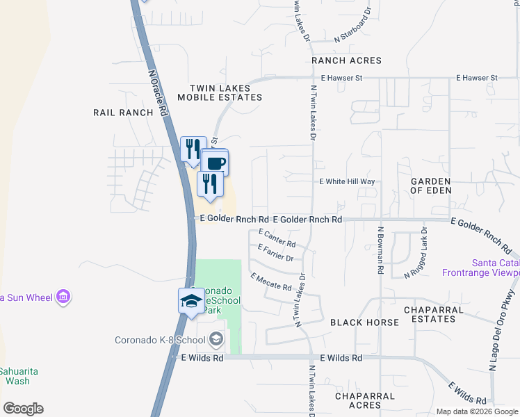 map of restaurants, bars, coffee shops, grocery stores, and more near 3551 East Golder Ranch Drive in Tucson