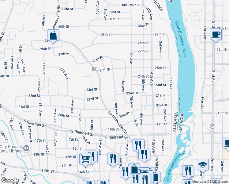 map of restaurants, bars, coffee shops, grocery stores, and more near 900 22nd Street in Phenix City