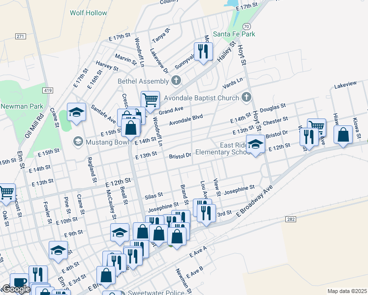 map of restaurants, bars, coffee shops, grocery stores, and more near 1306 East 13th Street in Sweetwater