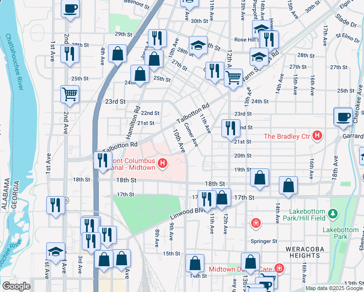 map of restaurants, bars, coffee shops, grocery stores, and more near 2028 10th Avenue in Columbus