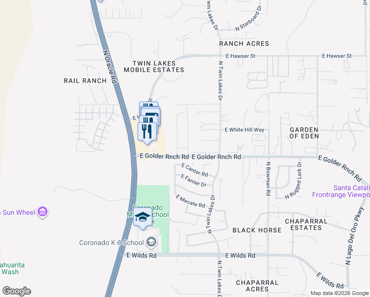 map of restaurants, bars, coffee shops, grocery stores, and more near 3551 East Golder Ranch Drive in Tucson