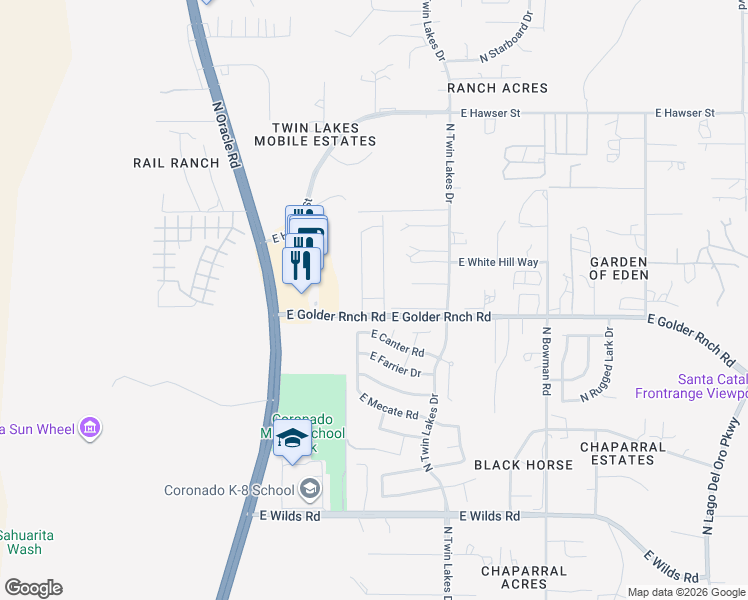 map of restaurants, bars, coffee shops, grocery stores, and more near 3551 East Golder Ranch Drive in Tucson
