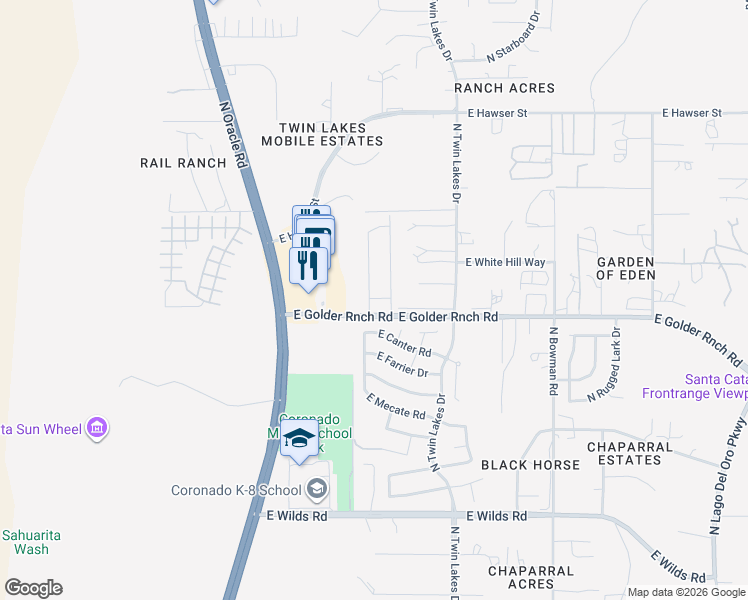 map of restaurants, bars, coffee shops, grocery stores, and more near 3551 East Golder Ranch Drive in Tucson