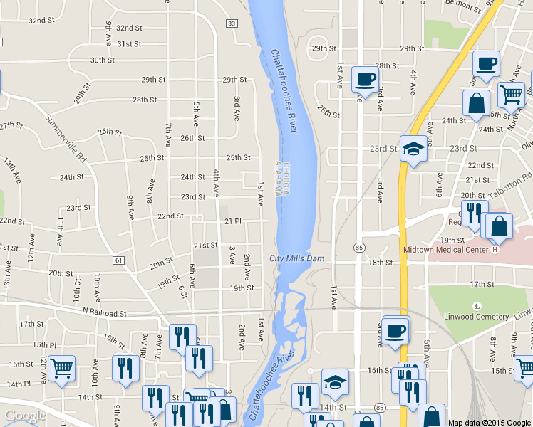 map of restaurants, bars, coffee shops, grocery stores, and more near 2202 1st Avenue in Phenix City