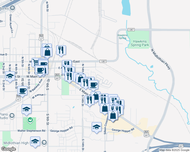 map of restaurants, bars, coffee shops, grocery stores, and more near 142 East Maple Ridge Court in Midlothian