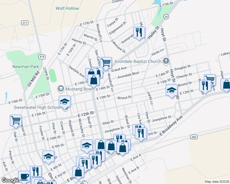 map of restaurants, bars, coffee shops, grocery stores, and more near 1201 East 13th Street in Sweetwater