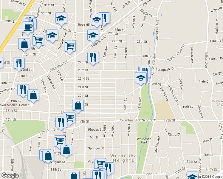 map of restaurants, bars, coffee shops, grocery stores, and more near 1438 21st Street in Columbus